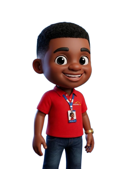 Mascote da Regional Gás Auto Center, atendente de camisa vermelha sorrindo